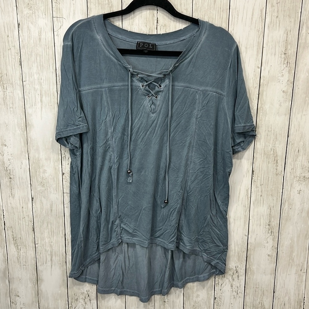 POL Oversized V Neck Lace Short Sleeve Tunic Size Small Dusty Blue